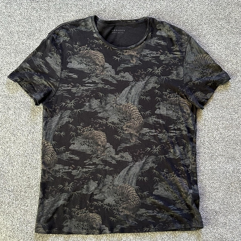 AllSaints Shirt Mens Medium Black‎ Tiger All Over Graphic Bamboo Landscape Tee